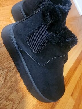 Black Faux Fur Lined Slip-On Platform Booties